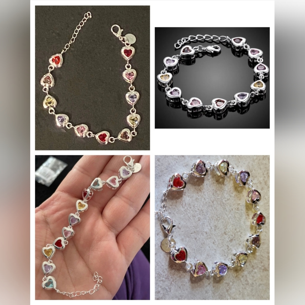 New gorgeous 925 stamped Silver plated multi colored heart bracelet